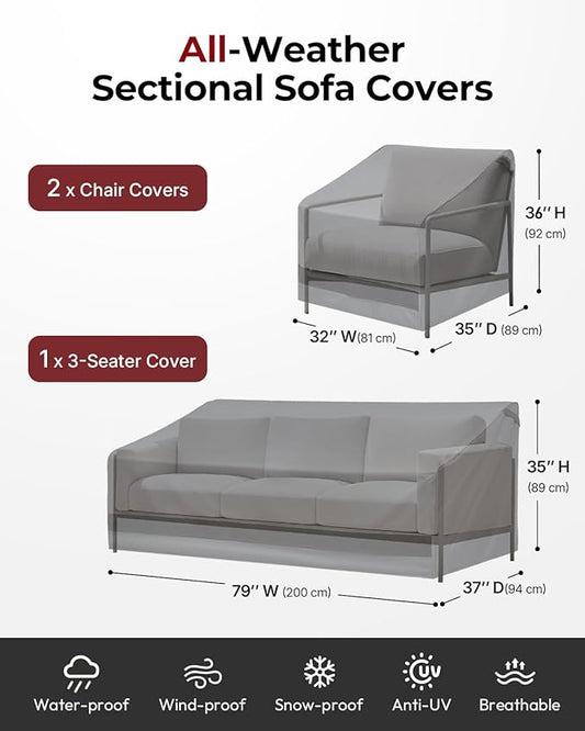 loriano 3-Piece Patio Furniture Chair Covers Set, Outdoor 600D Heavy-Duty Waterproof, Fits 3 Seater Sofa 79"x37"x35"& 2 Chairs 32"x35"x36", All-Weather Windproof Protection for Deck, Backyard (Gray)