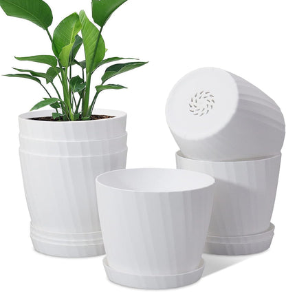 7 Inch Plant Pots Bulk, 6 Pack Plastic Planters with Drainage Holes and Saucers for Indoor Outdoor House Plants and Flowers, White
