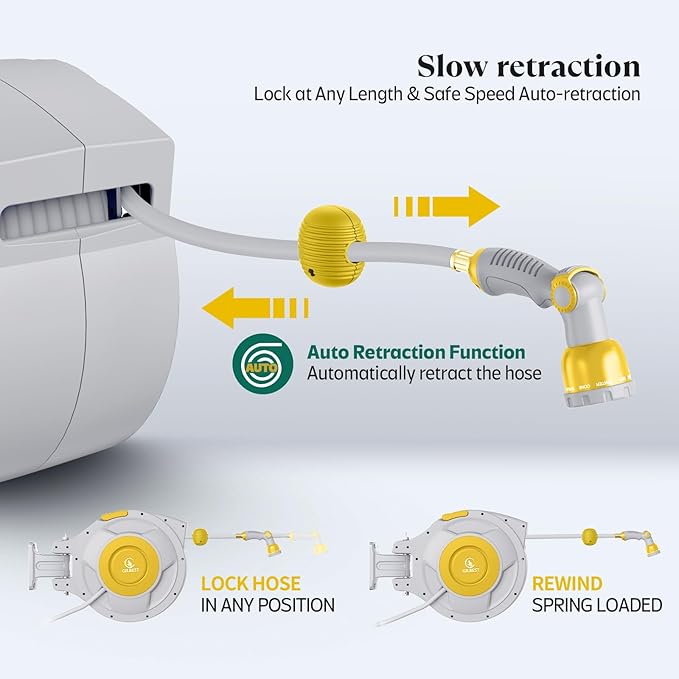 130 ft x 1/2" Retractable Garden Hose Reel, Heavy Duty Water Hose Reel Wall Mounted, Any Length Lock, 180°Swivel, Water Hose with 10-Function Nozzle for Cleaning, Watering (Yellow)