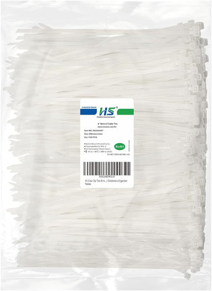 HS Clear Zip Ties 8 Inch (Bulk-1000 Pack) Nylon Cable Ties 40 Lbs Self-Locking Wire Ties for Electronics Organizer