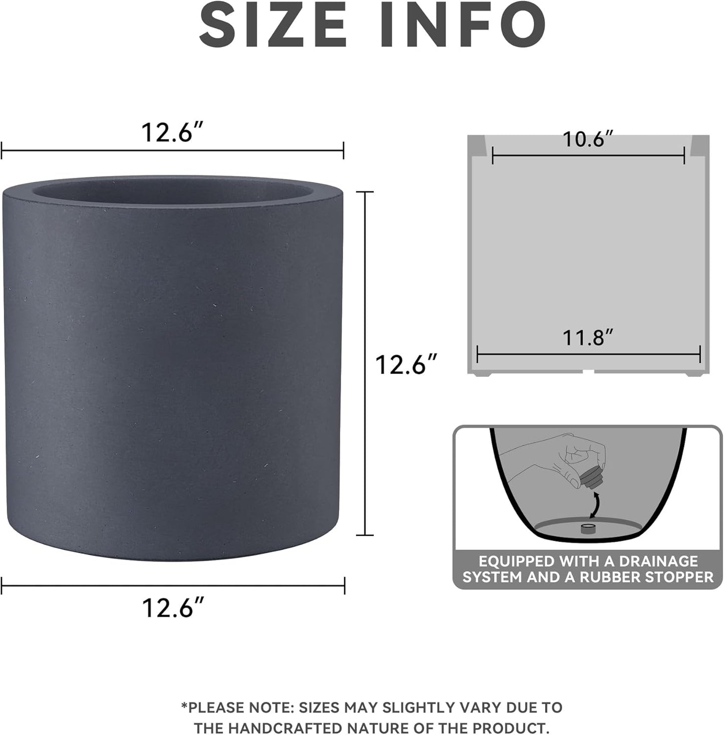 Kante 12.6" Dia Round Concrete Planter, Modern Style Large Cylindrical Plant Pot with Drainage Hole and Rubber Plug for Indoor Outdoor Patio, Dark Gray