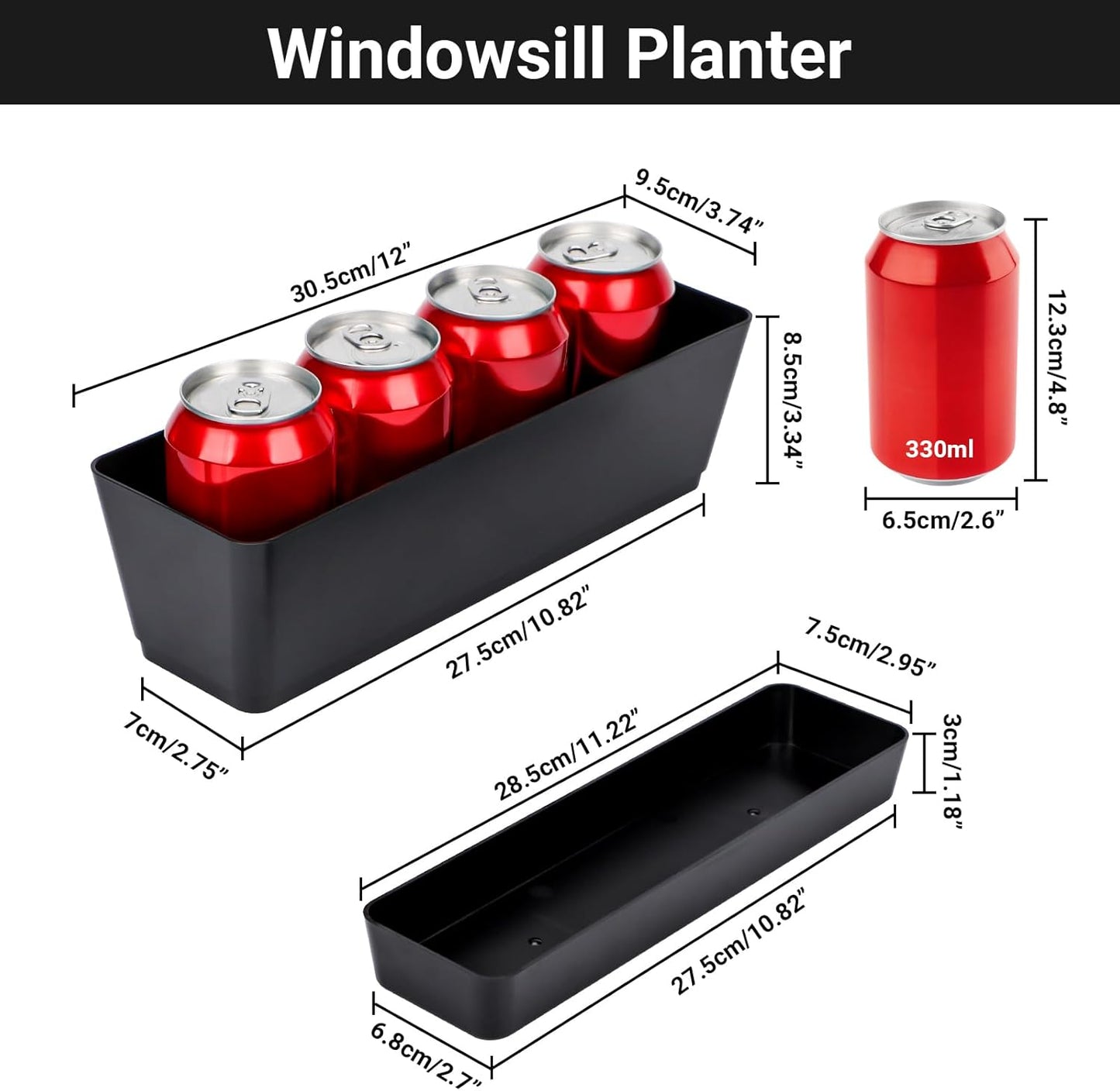 GREANER 6 Pack Herb Planters, 12x3.8 Inch Black Rectangle Window Boxes with Tray, Indoor Succulent Cactus Mint Plastic Pot for Windowsill, Balcony, Office, Outdoor Garden