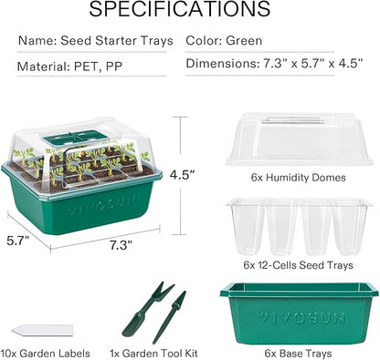 VIVOSUN 6-Pack Seed Starter Trays, 72-Cell Seed Starter Kit with Humidity Dome, Flat Reusable Plant Germination Trays with Drain Hole, Green Propagation Tray for Planting Seeds