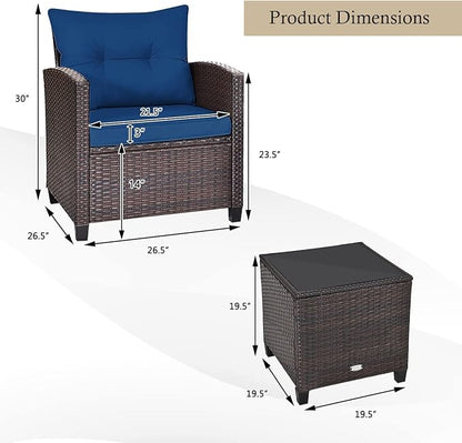 KOTEK 3 Piece Patio Furniture Set, Outdoor Conversation Set with Washable Cushions & Tempered Glass Tabletop, PE Rattan Wicker Bistro Set for Porch, Garden, Balcony (Navy Blue)