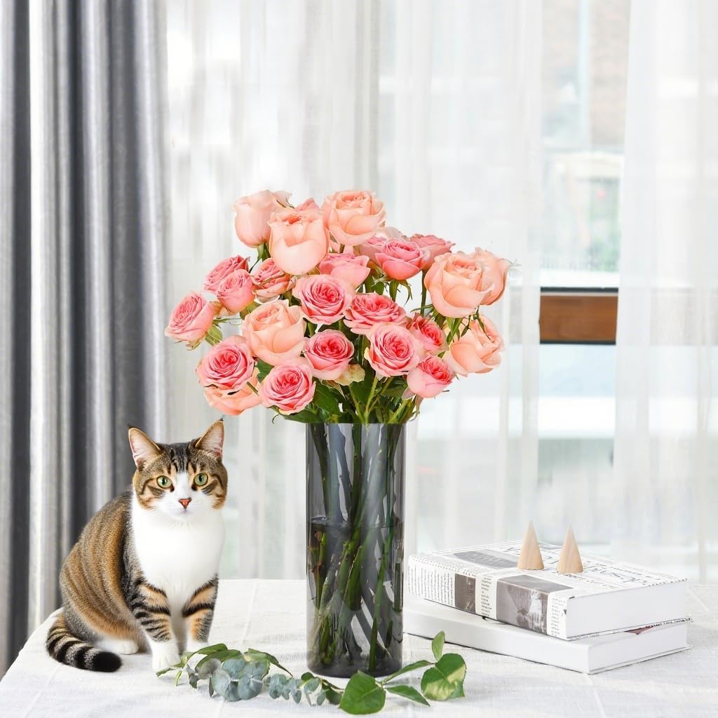 Flower Vase, Non-breakable Vases, 4" W x 10" H, Acrylic Grey Vase, Aesthetic Room Decor Cylindrical Modern Flower Vases for Table Centerpiece, Home Decor, Women Floral Arrangement Gift