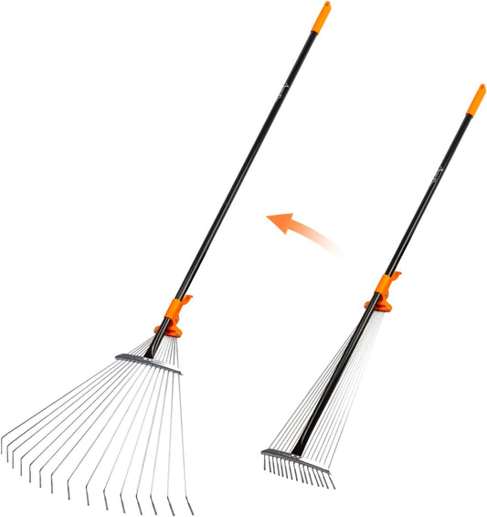 Leaf Rake for Lawns, Adjustable Garden Rake for Leaves with Long Handle, 61 Inches