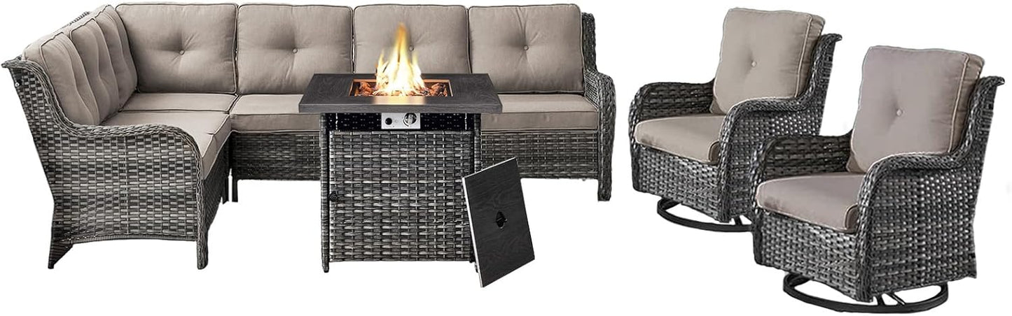 Outdoor Sectional Sofa Furniture Set with Propane Fire Pit Table, Wicker Patio Conversation Set with 2 Swivel Glider Rocker Chairs Grey Cushion Perfect for Backyard Casual Gathering