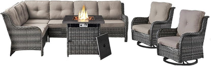 Outdoor Sectional Sofa Furniture Set with Propane Fire Pit Table, Wicker Patio Conversation Set with 2 Swivel Glider Rocker Chairs Grey Cushion Perfect for Backyard Casual Gathering