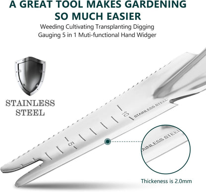 Berry&Bird Garden Hand Weeding Trowel, Stainless Steel Weeder Tool for Gardening with Wooden Handle, Multifunctional Manual Weed Puller & Digging Knife for Planting Transplanting Cutting Measuring