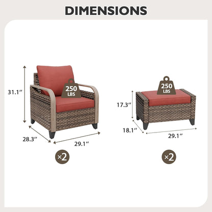 EAGLE PEAK Modern Wicker Outdoor Chair, Patio Chair Curved Armrest, Rattan Patio Furniture for Yard Deck Porch Garden, 2 Chairs 2 Ottomans, 4 Pieces, Brown/Red