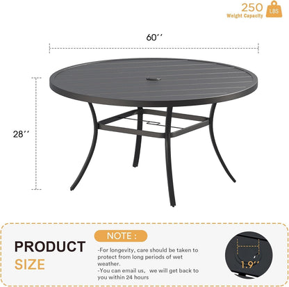 VICLLAX 60" Outdoor Round Patio Table for Lawn Garden, All Weather Metal Round Patio Dining Table with Adjustable Umbrella Hole, Outdoor Table for 8-10 Person, Black Tabletop
