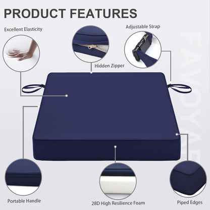 Favoyard Patio Chair Cushions 18 x 18 x 3 Inch Waterproof Outdoor Seat Cushions for Patio Furniture 3-Year Color Fastness Garden Sofa Couch Pads with Handle & Adjustable Straps Set of 2, Blue