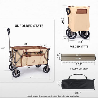 Whitsunday Folding Collapsible Wagon Cart, Beach Heavy Duty Wagon with Table,Utility Grocery Cart for Camping Sports Outdoor Shopping Park Khaki