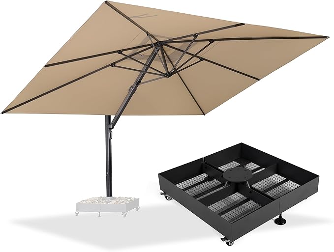 PURPLE LEAF 11' X 15' Rectangle Patio Umbrella Large Outdoor Aluminum Offset Umbrella with 360° Rotation Cantilever Umbrella with Base Included for Garden Deck Backyard Pool Beige