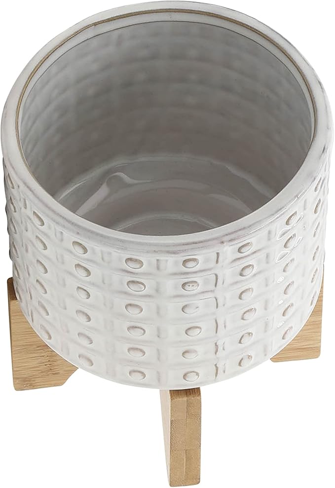 Sagebrook Home Ceramic Planter with Stand - Textured Stoneware Pot with Bamboo Wood Base - Modern Indoor & Outdoor Plant Holder - 8" Ivory