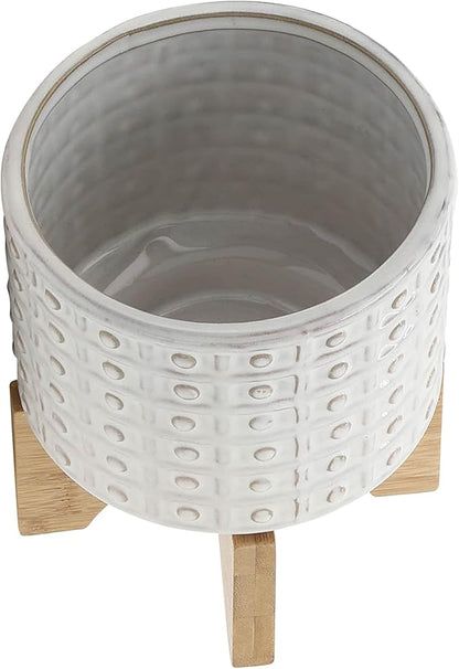 Sagebrook Home Ceramic Planter with Stand - Textured Stoneware Pot with Bamboo Wood Base - Modern Indoor & Outdoor Plant Holder - 8" Ivory