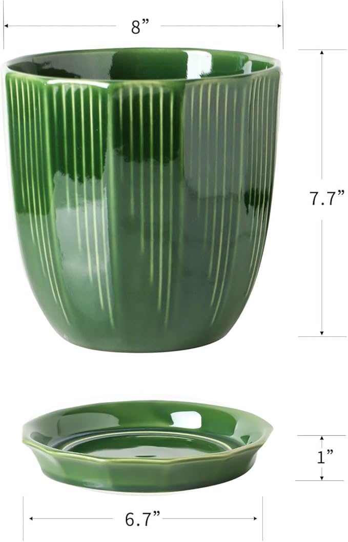 ADN Ceramic Planter - Large Plant Pot Geometric Design Flower Pot with Drainage Hole and Saucer for Outdoor Indoor Plants (Green, 8 in)