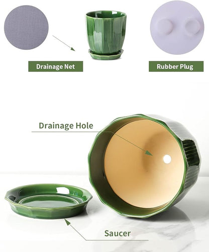 ADN Ceramic Planter - Large Plant Pot Geometric Design Flower Pot with Drainage Hole and Saucer for Outdoor Indoor Plants (Green, 8 in)