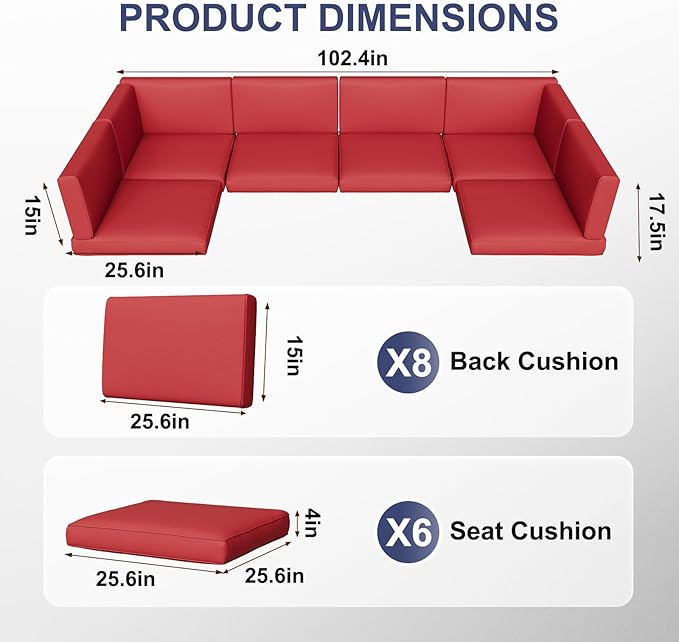 Aoxun Outdoor Replacement Cushions for Patio Furniture, Waterproof Sofa Cushion for 6-Seat Rattan Wicker Sectional Patio Conversation Sets, 14-Piece Cushions Set for L-Shape Couch, Wine