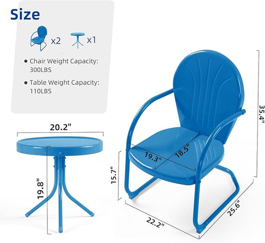 3 Pieces Patio Bistro Set Retro Metal Outdoor Seating Conversation, 2 C-Spring Retro Metal Patio Chairs and Round Side Table, for Balcony, Yard, Garden - Ocean Blue