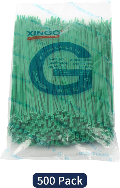 XINGO Nylon Cable Zip Ties Self Locking Plastic Wire Ties with 40 Lbs Tensile Strength for Indoor and Outdoor 12 Inch 500 Pack Green