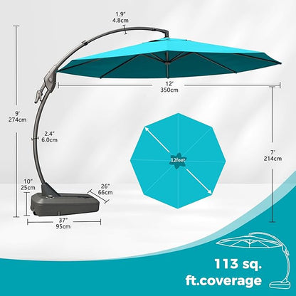 Grand patio 12 FT Sunbrella Outdoor Cantilever Umbrella with Base Patio Large Aluminum Offset Umbrella for Deck Yard (Aruba-SUNBRELLA, 12 FT)