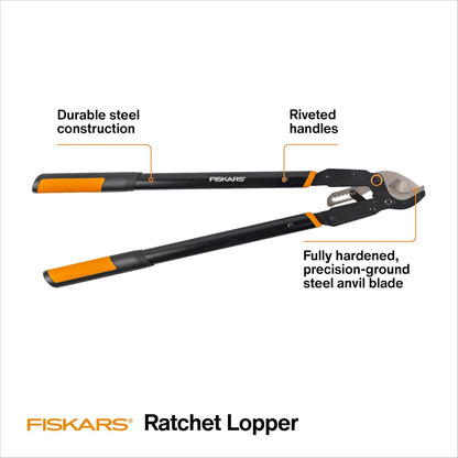 Fiskars Ratchet Drive Anvil Lopper 32 Inch Heavy Duty Tree Trimmer, 2 inch Cut Capacity, Riveted Handles for Easy Squeeze Cutting Power