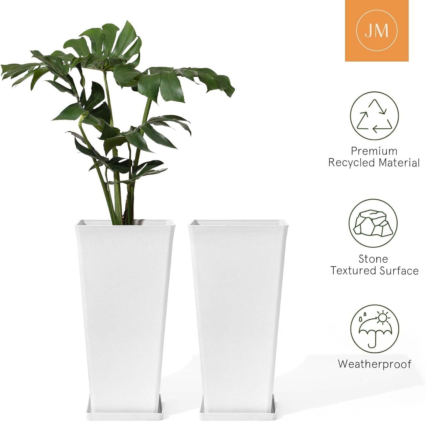 LA Jolie Muse 30 inch Tall White Planters Set of 2,Indoor/Outdoor Rectanglar Large Planters,V Shaped Taper Planters for Front Door.