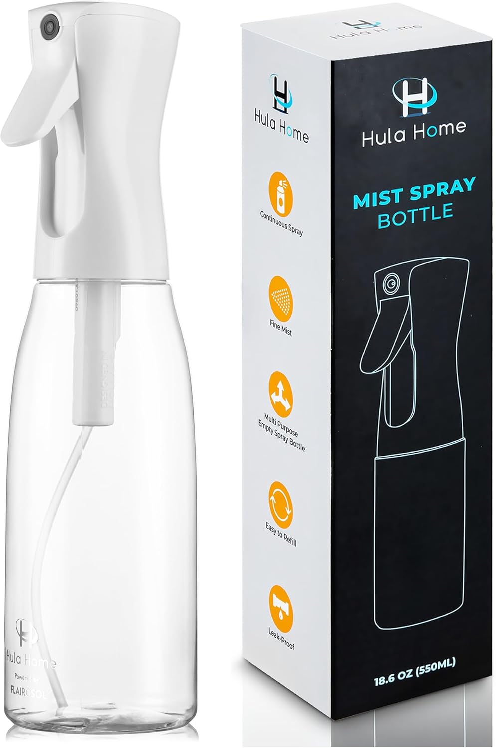 Hula Home Spray Bottle for Hair (20oz/590ml) - Powered by Flairosol® Spray Technology - Continuous Ultra Fine Mist Sprayer – For Hairstyling, Cleaning, Salons, Plants, Essential Oil & More - White