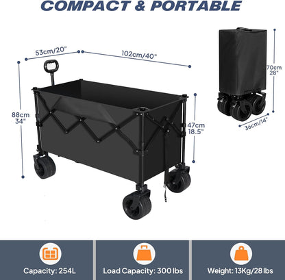 Chihee Garden Cart Collapsible Outdoor Utility Wagon Cart,Folding Beach Cart Oversized Capacity 254L,Heavy Duty Portable Wagon All Terrain Wheels Oversized Side Pocket 2 Drink Holders for Camping