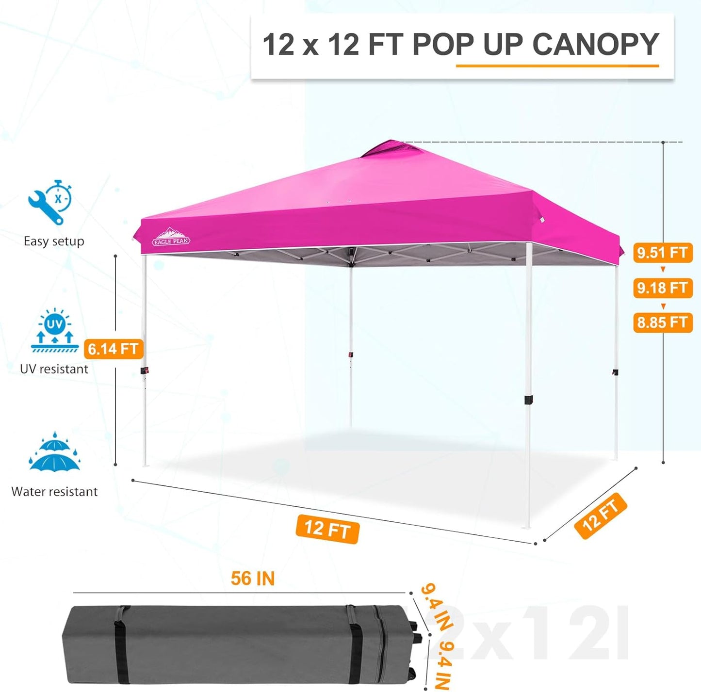EAGLE PEAK Pop Up Canopy Tent with Wheeled Carry Bag, 8 Stakes, 4 Ropes, 4 Weight Bags, Easy Set Up Tent Canopy, 12x12 ft, 144sqft of Shade, Pink
