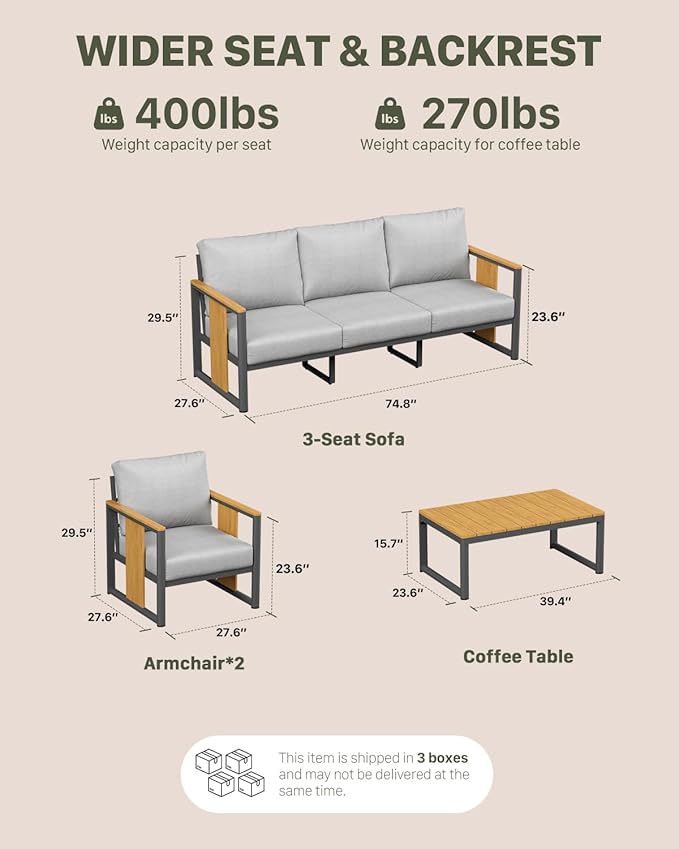 ZANDOR Aluminum Outdoor Patio Furniture Set,4-Piece Sectional Sofa with Coffee Table,Washable Thick Cushions,Modern Patio Conversation Set for Backyard,Garden,Porch,Balcony,Deck,Gray