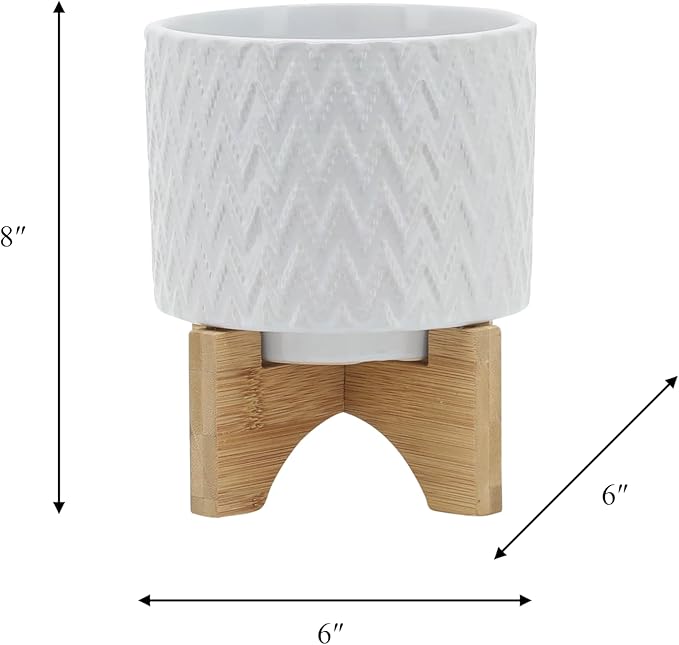 Sagebrook Home Modern Ceramic Planter with Stand - Textured Stoneware Pot with Bamboo Base for Indoor & Outdoor Plants - Decorative Flower Pot for Home & Garden - 8" White