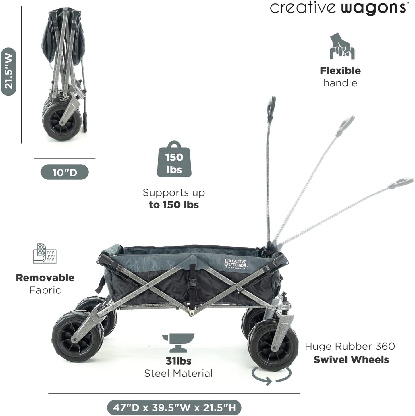 Creative Outdoor Push Pull Stroller Wagon, Beach Hauler XXL with Canopy, Collapsible and Portable Heavy Duty Folding Cart, Supports up to 200lbs Weight Capacity, Giant 10" Wheels