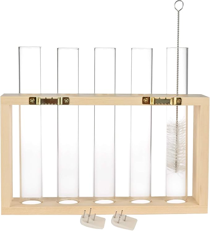 Wooden Propagation Station with 5 Glass Test Tubes, Tabletop Glass Terrarium Holder for Plant Cuttings Hydroponics, Home Office Desk Decor Gift for Women Mom Plant Lovers, Beige