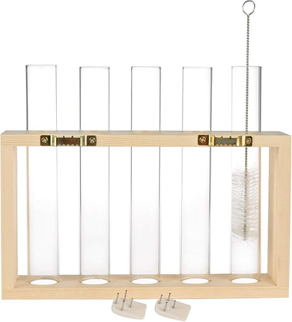 Wooden Propagation Station with 5 Glass Test Tubes, Tabletop Glass Terrarium Holder for Plant Cuttings Hydroponics, Home Office Desk Decor Gift for Women Mom Plant Lovers, Beige