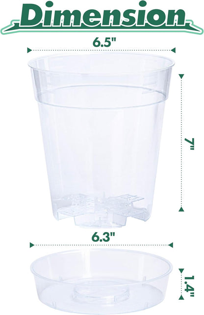 1 Gallon 6 Inch Clear Plastic Plant Pot with Drainage Holes, Interlocking & Detachable Tray - Deep Saucer - Durable BPA-Free Plastic, Transparent Design, Raised Base for Airflow, Set of 12, 92-X-B-6