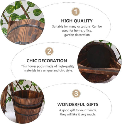 HANABASS Wooden Bucket Barrel Rustic Patio Pots Water Wishing Well Pail Vintage Style Primitive Planter Container for Garden Home Patio Backyard, 10.6x9.0 inch