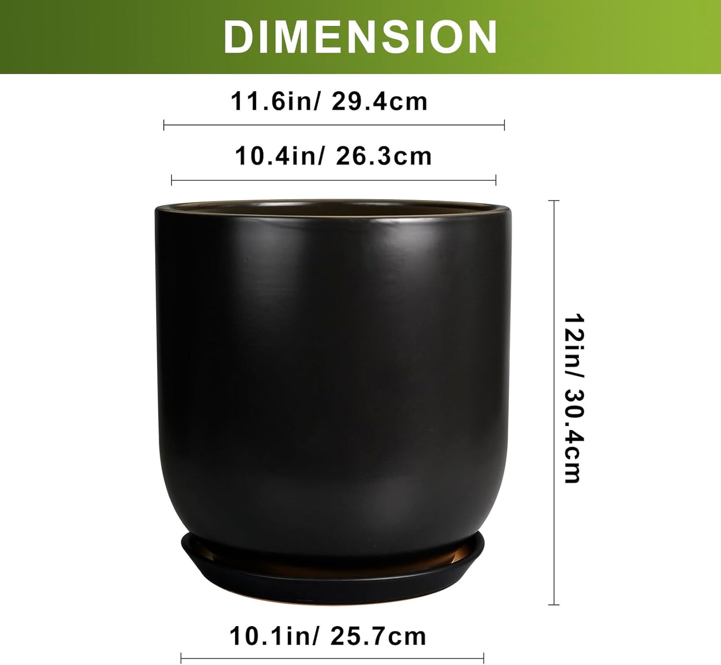 Ceramic Planter Pot - 12 Inch Large Plant Pot with Drainage Hole and Saucer Modern Flower Pot for Indoor Outdoor Plants Home Garden Decor Black