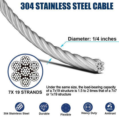 1/4" Wire Rope Kit, 100ft Stainless Steel Cable with 2Pcs 1/4 Turnbuckle, Clamp & Thimble, 7x19 Strands Heavy Duty Metal Cable,1400 lbs Load Limit, Turnbuckles for Cables Wire, Zipline