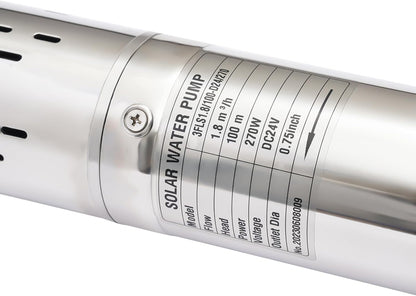 Solar Water Pump, 24V 270W 3In DC Submersible Pump Stainless Steel Deep Well Pump Irrigation Kits with MTTP Controller Float Switch for Home Industry, Garden Irrigation, Farm Ponds (24V 270W)