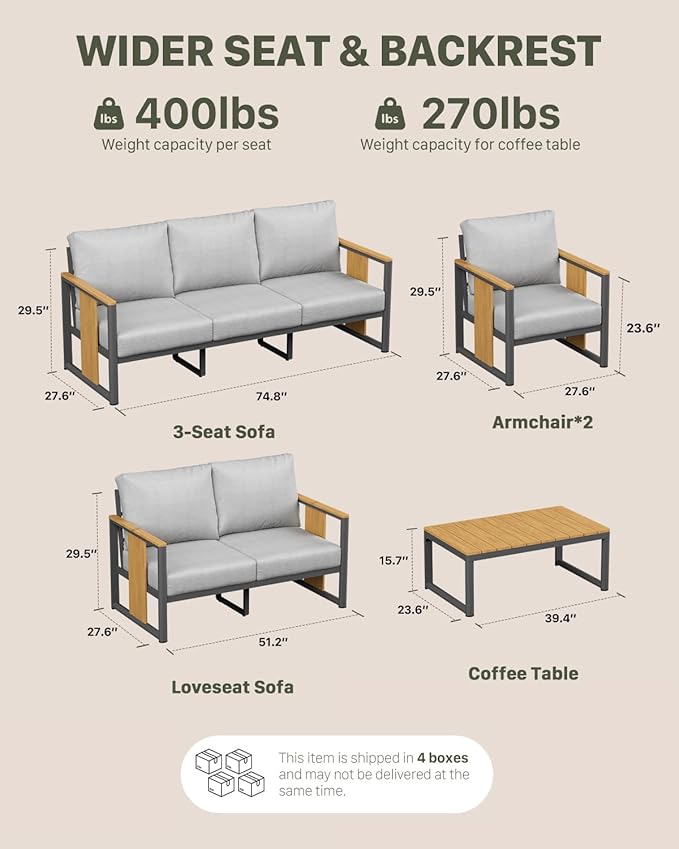 ZANDOR Aluminum Outdoor Patio Furniture Set – 2 Pcs Armchair with Washable Thick Cushions,All-Weather Modern Metal Furniture for Garden,Backyard,Porch,Grey