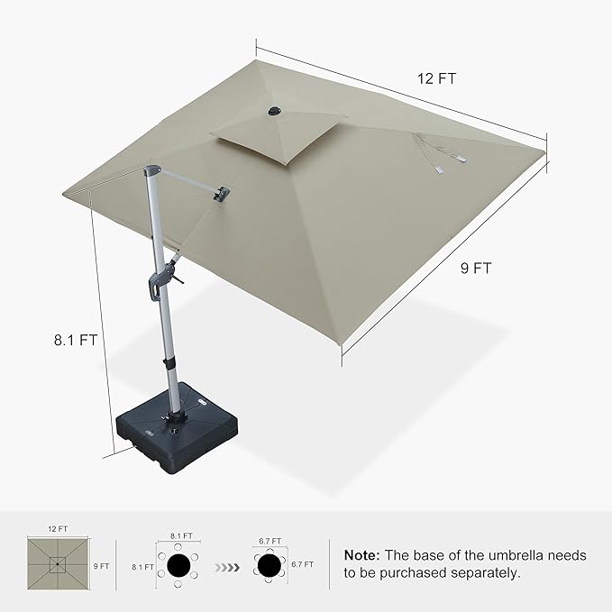 PURPLE LEAF 9' X 12' Cantilever Outdoor Patio Umbrella Large Heavy Duty 360° Rotation Double Top Offset Rectangular Umbrellas for Backyard Deck Pool, Spectrum Sand