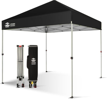 CROWN SHADES 8x8 Pop Up Canopy, Patented Center Lock One Push Instant Popup Outdoor Canopy Tent, Newly Designed Storage Bag, 8 Stakes, 4 Ropes, Silver-Coated Black