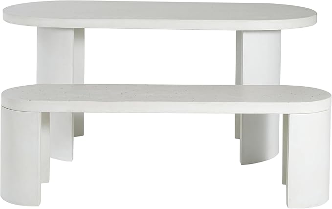 Christopher Knight Home Zigg Durable Concrete Outdoor Dining Set with Stylish Terrazzo Finish, Patio Dining Table with Bench, Oval Outdoor Patio Furniture Set with Pedestal Base, White