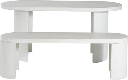 Christopher Knight Home Zigg Durable Concrete Outdoor Dining Set with Stylish Terrazzo Finish, Patio Dining Table with Bench, Oval Outdoor Patio Furniture Set with Pedestal Base, White