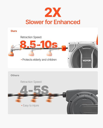 VEVOR Retractable Garden Hose Reel, 1/2 Inch x 84 ft Wall Mounted Heavy Duty Garden Hose Reel with 9 Patterns Nozzle, Any Length Lock, Upgraded Slow Return System and 180°Swivel Bracket