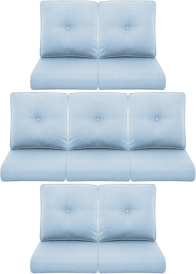 7-Piece Outdoor Patio Cushion Set - Fade & Water Resistant with Removable Olefin Cover, 22x24x4 Inch Memory Foam Cushions for Wicker Sectional Sofa – Baby Blue/Buckle