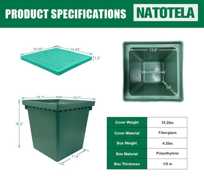 16x16x16in Underground Splice Boxes with Fiberglass Solid Cover,In Ground Pull Box Deep Enclosure Distribution Pit Electrical Junction Boxes Drillable Precast Tapered Pit for Cable Wiring