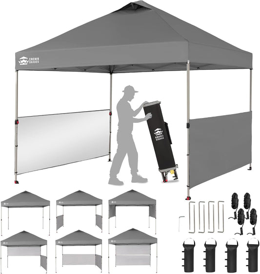 CROWN SHADES 10x10 Pop up Canopy Tent Instant Canopy with 150D Silver Coated Fabric Including 2 Half Sidewalls, 4 Ropes, 8 Stakes, 4 Weight Bags, STO 'N Go Bag, Grey